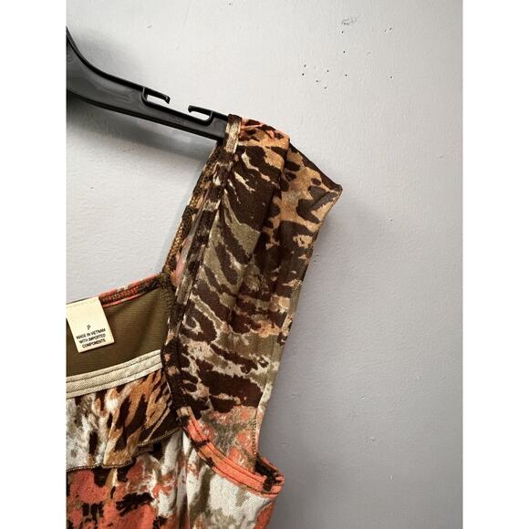 DKNY Jeans Petite Top Womens Small Y2K Brown Tan Peach‎ Ruffle Animal Print - Picture 7 of 9